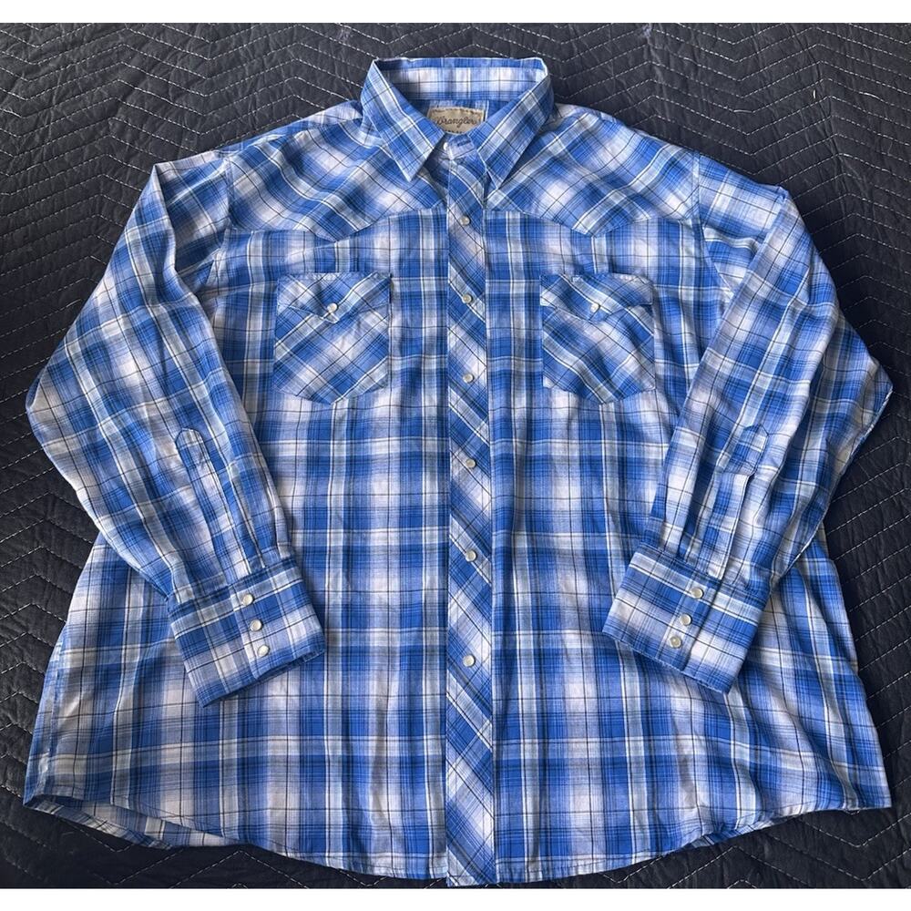 Wrangler Western Blue Plaid Pearl Snap Button-down Long sleeve Size Men's 2XL
